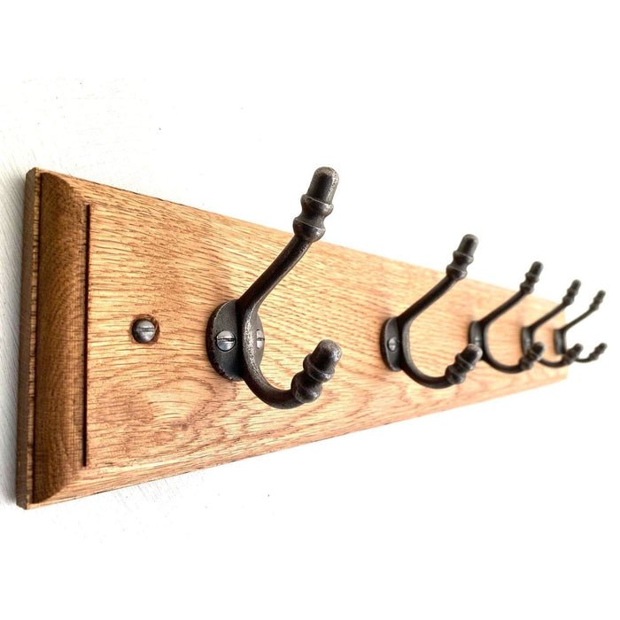 FOWLERS - HANDMADE - Solid OAK coat rack TRADITIONAL style with CHILDS ACORN (small) Natural polished cast iron hooks