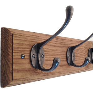 FOWLERS - HANDMADE - Solid OAK coat rack TRADITIONAL style with NATURAL POLISHED cast iron hooks - FOWLERS