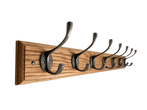 FOWLERS - HANDMADE - Solid OAK coat rack TRADITIONAL style with NATURAL POLISHED cast iron hooks - FOWLERS