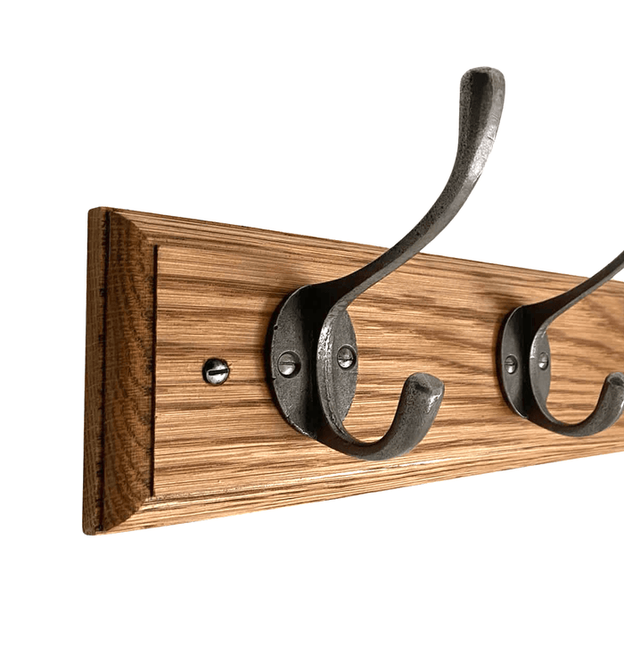 FOWLERS - HANDMADE - Solid OAK coat rack TRADITIONAL style with NATURAL POLISHED cast iron hooks