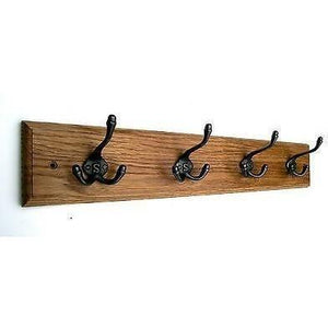 FOWLERS - HANDMADE - Solid OAK coat rack TRADITIONAL style with 'S' STAMPED TRIPLE Natural polished cast iron hooks - FOWLERS