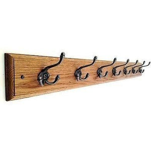 FOWLERS - HANDMADE - Solid OAK coat rack TRADITIONAL style with 'S' STAMPED TRIPLE Natural polished cast iron hooks - FOWLERS