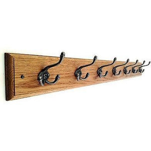 FOWLERS - HANDMADE - Solid OAK coat rack TRADITIONAL style with 'S' STAMPED TRIPLE Natural polished cast iron hooks - FOWLERS