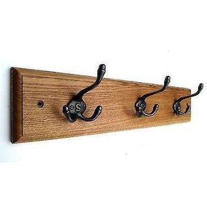 FOWLERS - HANDMADE - Solid OAK coat rack TRADITIONAL style with 'S' STAMPED TRIPLE Natural polished cast iron hooks - FOWLERS