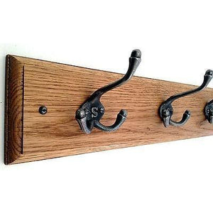 FOWLERS - HANDMADE - Solid OAK coat rack TRADITIONAL style with 'S' STAMPED TRIPLE Natural polished cast iron hooks - FOWLERS