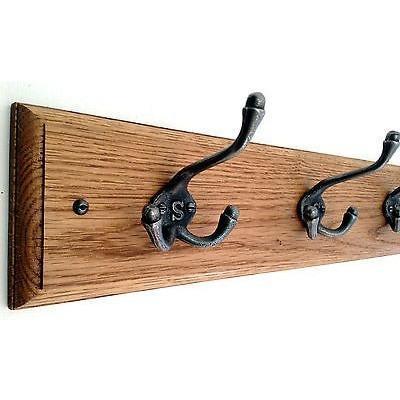 FOWLERS - HANDMADE - Solid OAK coat rack TRADITIONAL style with 'S' STAMPED TRIPLE Natural polished cast iron hooks
