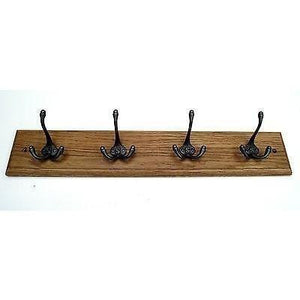 FOWLERS - HANDMADE - Solid OAK coat rack TRADITIONAL style with 'S' STAMPED TRIPLE Natural polished cast iron hooks - FOWLERS