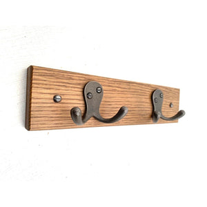 HANDMADE - SOLID OAK CLASSIC SMALL WOODEN COAT RACK - Natural polished CAST IRON ROBE HOOKS. - FOWLERS