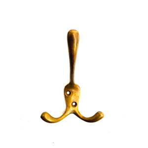 Solid BRASS coat hook - TRIPLE STYLE - Antique style finish - FOWLERS
